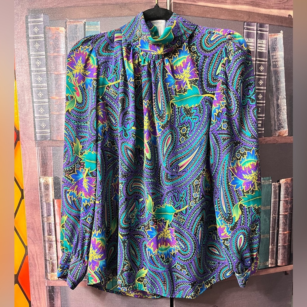 Vintage 1980 Purple and Green Paisley Print Long Sleeved Blouse Size 16
